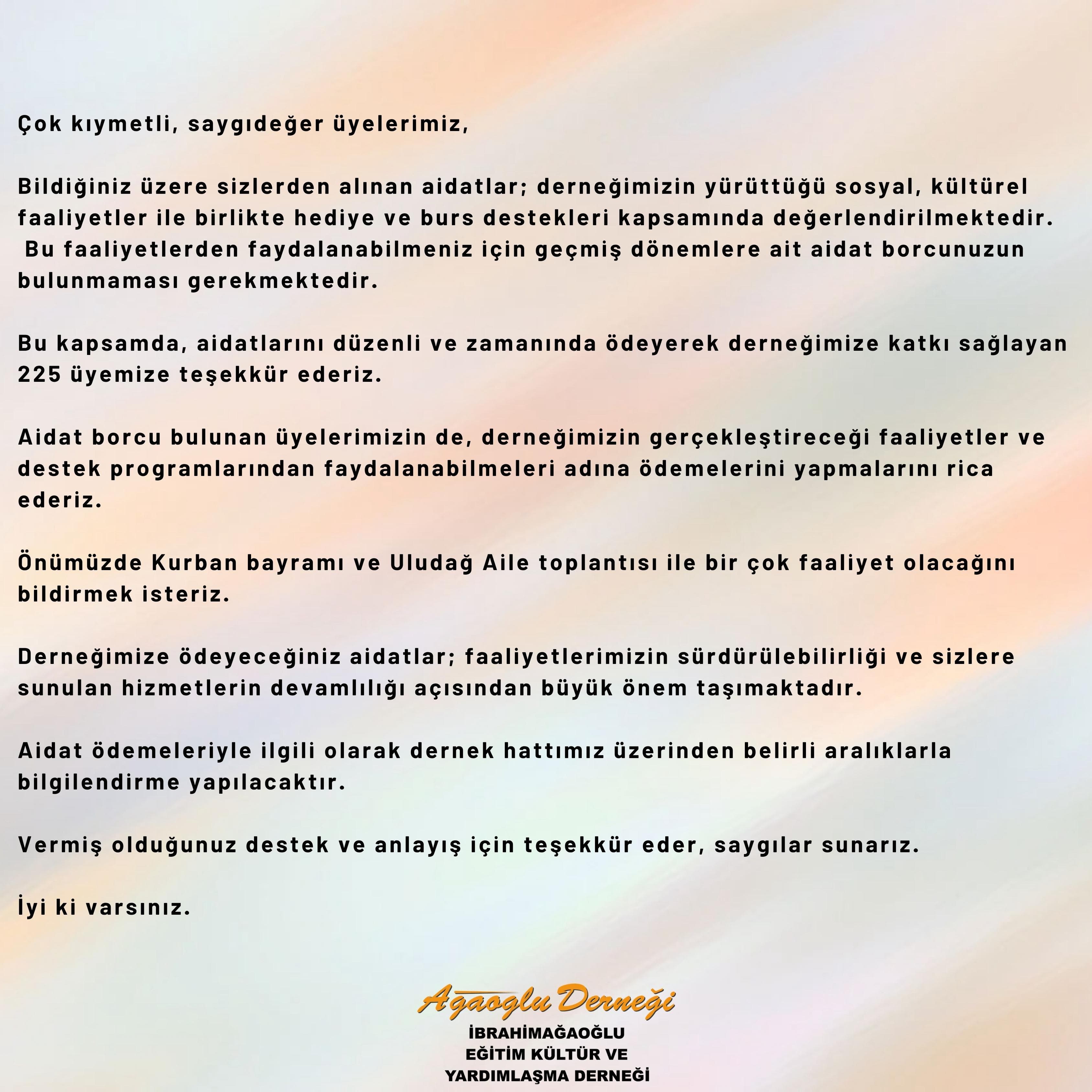 Üyelerimize aidat ödemeleri hakkında duyuru için hazırlanan dernek duyurusu